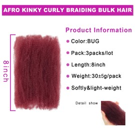 Afro Kinky Curly Braiding Hair for Dreadlock Extensions Repair Locs 3 Packs Synthetic Afro Kinkys Bulk Hair Bundles Micro Spring Afro Twist Hair Bulk for Mini Twist Hair (BUG, 8 Inch)