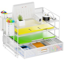 Marbrasse 4-Trays Desk File Organizer with 2 Pen Holder, Desktop Hanging File Holder with Drawer, Paper Letter Tray Organizer, Mesh Office Supplies Desk Paper Organizer for Home Office (White)
