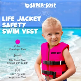 TRC Recreation Super Soft Child Size XS Life Jacket USCG Approved Vinyl Coated Foam Swim Vest for Kids Swimming Pool and Beach Gear, Flamingo Pink
