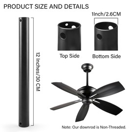 Verdanzia 2 Pcs Ceiling Fan Downrod, 12 Inch Black Ceiling Fan Extension Downrod, 1 Inch Diameter Universal Downrod for Various Fans, Not Threaded