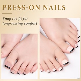 XZMeiLun Black French Tips Press on Toenails Short Square, Real Acrylic Designs Toe Nails Press Ons Set, Artificial False Toenails for Women with Glue/Sticker On Toenails, Fake Toes nail Kit 150Pcs