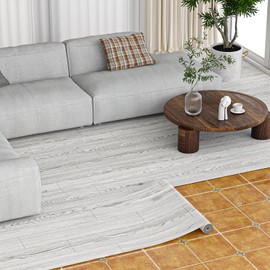 Oxdigi Peel and Stick Vinyl Flooring Roll 24"x 118"/ 19 Sq.Ft, Self Adhesive Vinyl Wood Flooring Planks Floor Tiles Stickers Waterproof for Bathroom Living Room Bedroom Kitchen RV, White Grey Wood