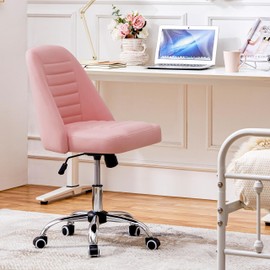 Yaheetech PU Leather Armless Office Chair, Mid Back Desk Chair, Computer Task Chair, Modern Vanity Chair with Rolling Wheels, Metal Base Pink