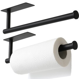 theaoo 2 Packs Paper Towel Holder - Under Cabinet Paper Towel Holder for Kitchen, Adhesive Paper Towel Roll Rack for Bathroom Towel, Wall Mounted Matte Black Paper Towel Rack, SUS304 Stainless Steel