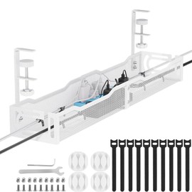 Under Desk Cable Management Tray, 25'' Metal Cable Management Under Desk No Drill, Wire Management Tray with Clamp, Cord Organizer for Home Office, White