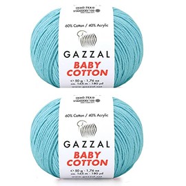 Gazzal Baby Cotton 60% Cotton 40% Acrylic - 2 Balls (50g Ball) 165m Soft 2 - Fine Baby Yarn (3451 Blue)