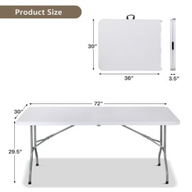 72 Inch Folding Table with Carry Handle, Portable Heavy Duty Plastic Utility Table with Steel Legs for Party, Wedding, Camping, Indoor, Outdoor Event, White