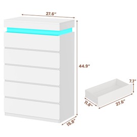 HAUOMS Tall 5 Drawer Dresser with LED Light, White Modern Chest of Drawers for Bedroom,Closet Dressers with Drawers for Living Room, Entryway, Hallway