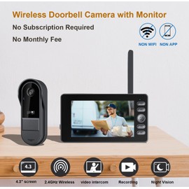 Doorbell Camera Wireless No Subscription Video Doorbell, Bidirectional Wake-up, Two-Way Intercom, IPX65 Waterproof, HD 1080P Video, 4.3” Screen, 170° Viewing Angle, No APP, No WiFi