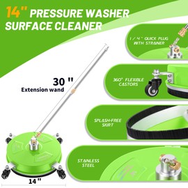 14" Pressure Washer Surface Cleaner with 4 Wheels - Coated Green Stainless Steel Surface Cleaner for Pressure Washer Attachment for Concrete, Patio, Sidewalk, Deck and Driveways - PWS14G