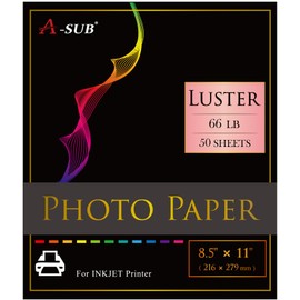 A-SUB Premium Photo Paper Luster 8.5x11 Inch 66lb for Inkjet Printers 50 Sheets, Single Sided