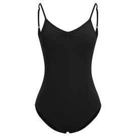 IBAKOM Women Teen Girl Ballet Leotards Sleeveless Ruched Adult Gymnastics Leotard V Shape Open Back Ballet Dance Bodysuit Ballerina Snug Fit High Cut Team Dance Basic Black L