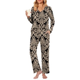 Bestbee Womens Pajama Set, 2 Piece Lounge Outfits V Neck Y2K Sleep Set Long Sleeve With Pockets Ladies Pjs Set, L, Floral Khaki-black