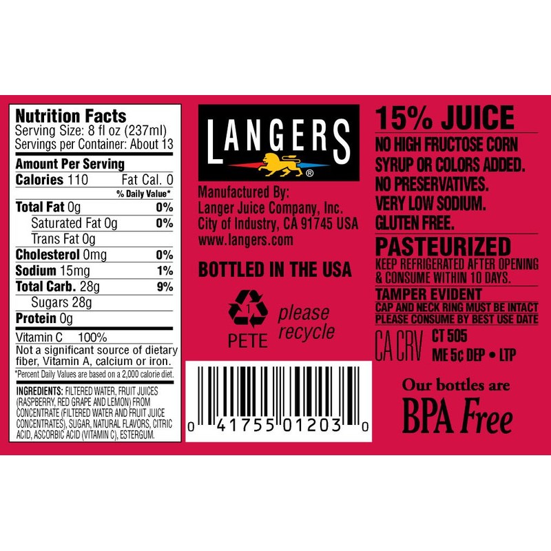 Langers Juice, Raspberry Lemonade, 101.4 Fl Oz (Pack of 4)