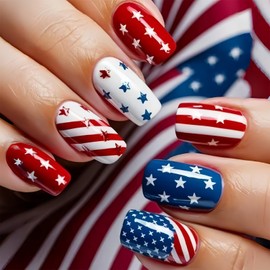 24Pcs 4th of July Press on Nails Short Square Independence Day Fake Nails with Five-Pointed Star Design Patriotic Red Blue False Nails American Flag Glue on Nails Stick on Nails for Women