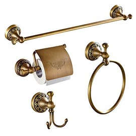 WINCASE Antique Brass Bathroom Accessories, Retro Bathroom Hardware, Brass Bath Towel Bar Set 24 Inch 4 Piece Tolilet Paper Holder Robe Hook Wall Mounted Vintage