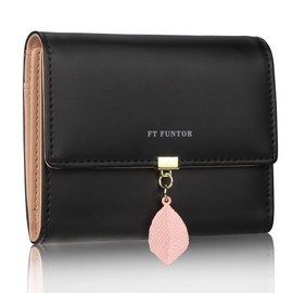 FT FUNTOR PU Leather Wallet for Women RFID-Blocking, Ladies Bifold Leaf Pendant Coin Zipper Small Purse with 5 Card Slots and 1 ID Window Card Holder Organizer (S-Black)