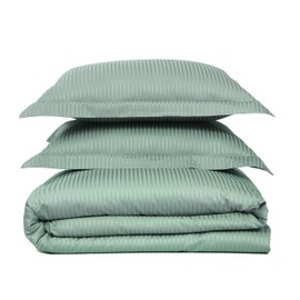 Feather & Stitch King Size Duvet Cover Set, 500 Thread Count Damask Stripe 3 Piece Duvet Insert Cover Set, 100% Pure Cotton Comforter Cover, 2 Pillow Shams, Zipper Closure - Granite Green