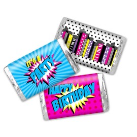 Super Hero Themed Birthday Party Mini Chocolate Candy Bar Sticker Wrappers for Girls, 45 1.4" x 2.6" Wrap Around Labels by AmandaCreation, Great for Party Favors