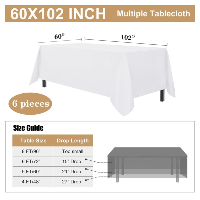 sancua 6 Pack White Tablecloth 60 x 102 Inch, Rectangle