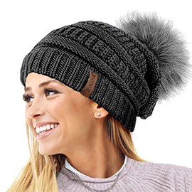 TOSKATOK® Ladies Textured Knit Beanie HAT with Detachable Faux Fur POM POM Charcoal