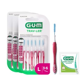 GUM TRAV-LER Professional Interdental Brushes, Bristles with Antibacterial Protection, Coated Wire, Ergonomic Handle, 3 x 6 Pieces (with 1 Free Sample)