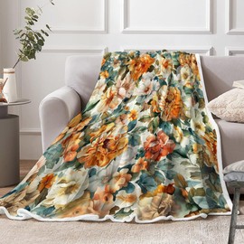 Floral Throw Blanket Vintage Floral Fleece Blanket | Soft, Flannel, Warm, Orange Flower Plants Fleece Throw Blanket, Boho Floral Bed Blankets for Sofa Couch Bedroom Living Room 50X60 Inch