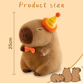 Capybara Cuddly Toy, 25 cm Capibara Plush Toy, Water Pig Cuddly Toy, Cute Capybara Cuddly Toy Plush with Birthday Hat, Cartoon Toy, Stuffed Toy, Capybara, Gift for Adults Children