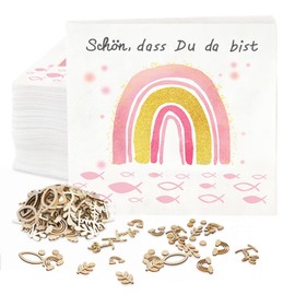 Napkins Confirmation Rainbow Fish 36 Pieces Napkins Christening Decoration Girls + 60 Pieces Wooden Fish Table Decoration 'Schön, dass du da bist!' Napkins Communion Decoration Set First Communion