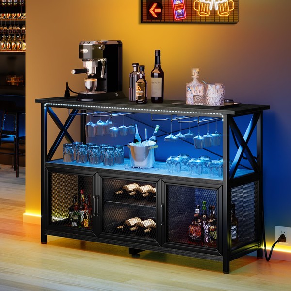 YITAHOME Coffee Bar Cabinet with LED Lights Power Outlets, 55" Industrial Wine Bar Cabinet Home Bar Table with Wine Rack Storage Sideboard Buffet Cabinet for Living Room Kitchen Dining Room