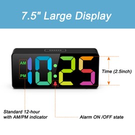 Welgo 7.5 Inches Big Number Alarm Clock for Seniors & Kids, 0-100% Adjustable Brightness and Volume, USB Charging Port, Simple Operation, Snooze, Outlet Powered for Bedside