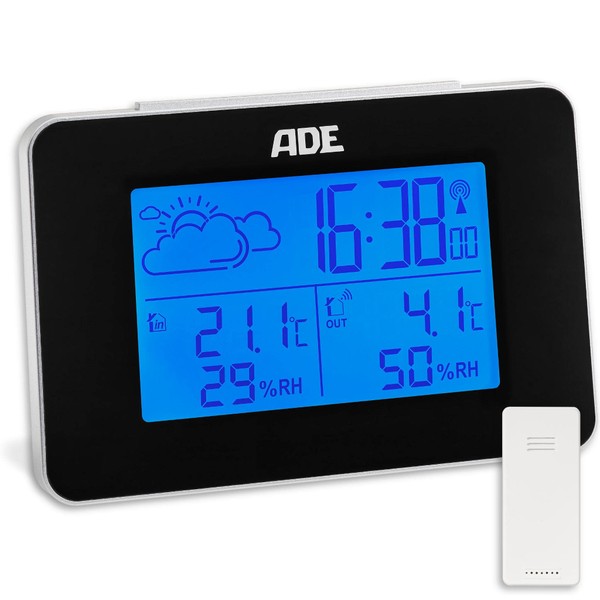 ADE Wireless Digital Weather Station with Outdoor Sensor, Indoor and Outdoor Temperature, Humidity Meter, Animated Weather Forecast, Radio Alarm Clock with Snooze Function, Black