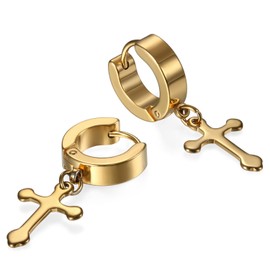 JewelryWe Pair of Stainless Steel Huggie Hinged Hoop Earrings with Cross Men Women Boys Gifts, Gold