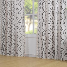 Schweek Boho Floral Curtains for Living Room, Linen Farmhouse Sheer Curtains 63 Inches Long, Vintage Printed Patterned Rustic Curtains Drapes for Dining Room, Black on Ivory