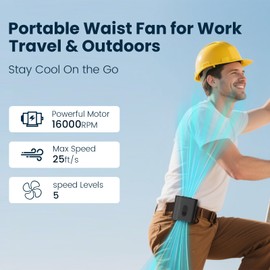 Portable Waist Fan, 5-Speed 16000RPM Strong Turbo Airflow, belt fan with up to 40H of Working Time, Hands-Free Neck Fan, Rechargeable Wearable Personal Fan for Outdoor, Hiking,Jobsite, Farms
