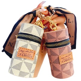 Lancici 2Pcs Lipstick Organizer, Luxury Leather Lip Gloss Bag, Mini Lipstick Case with Keychain, Girls travel Lipgloss Makeup Storage Holder for Purse Perfume Fingernail Polish (White, Pink)