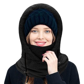 crazy bean Fleece Winter Balaclava Warm Hooded Scarf 2 in 1 Windproof Hat with Wool Lining for Skiing Cycling, black