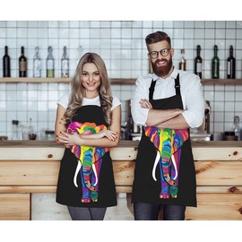 Moslion Colorful Elephant Apron,Rainbow Bright Color African Safari Animal Elephants Black Apron,Adjustable Neck Bib Apron for Men Women,Suitable for Kitchen Cooking Waitress Chef Apron
