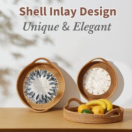 Ottoman Tray, 3 Pcs Hand-Woven Wicker Rattan Tray Decorative Basket with Shell Inlay and Handle, Housewarming Gift (Big/Medium/Small)