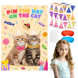 Pin The Hat on The Cat Party Games, 7 Piece Cat Birthday Party Game Set - Poster, Blindfold, Stickers etc, Kitten Birthday Party Supplies