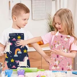 Wolepaz 2 Pcs Kids Aprons, Cartoon Style Adjustable Child Chef Aprons, Linen Unicorn Horse Aprons for Boys Girl's Kitchen Cooking Baking Painting Wear(Pink+Blue)