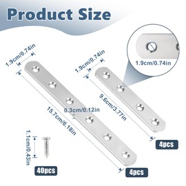 Pack of 8 Flat Connectors, Stainless Steel Perforated Plate, Metal Connector, Wood Connector, with 40 Screws for Cabinet, Table, Chair, Wood, Furniture Repairing, 20 x 95 mm/20 x 156 mm (2 Sizes)