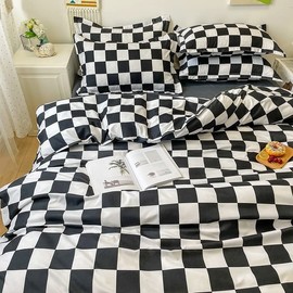 Lunoroey Plaid Duvet Cover Set Double Size Black White Plaid Plaid Quilted Geometric Microfiber Soft Bedding Set (1 Duvet Cover and 2 Pillowcases)