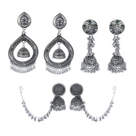 Efulgenz Antique Boho Oxidized Indian Earrings for Women Chandbali Jhumka Jhumki Dangle Earrings Set Indian Oxidized Jewelry Bohemian Statement Jewelry for Women, Copper, No Gemstone