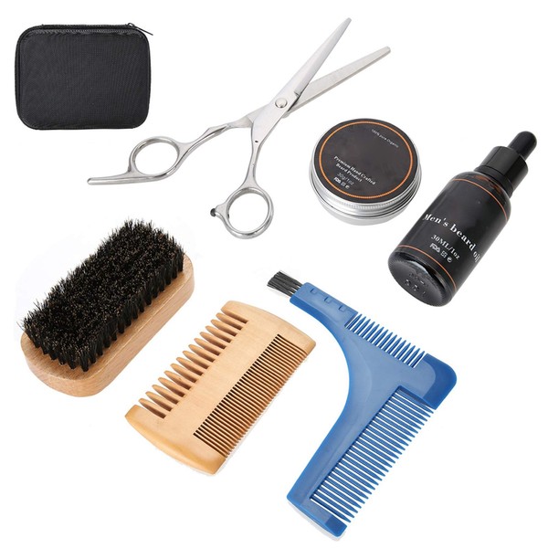 Moustache Comb and Scissors Set, Soft and Comfortable Durable, Men Beard Styling, Men Shaving Set, Include Beard Brush Comb Scissor Beard Cream, with Storage Bag, Father's Day Gift