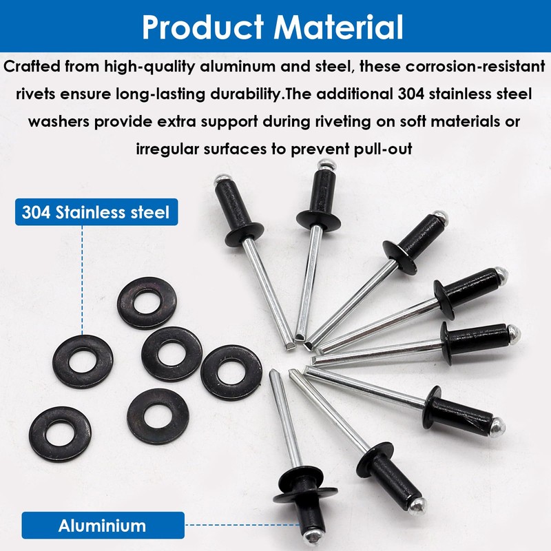 smseace 260pcs 1/8" x 3/8" Black Pop Rivets with 304