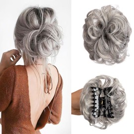 Claw Clip Messy Bun Hair Piece Tousled Updo Hair Buns Extension Elastic Hair Band Curly Hair Bun Scrunchie For Women (SIlver)