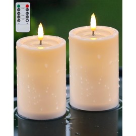 Gmnee Waterproof Flameless Candles, 2-Pack Outdoor Indoor Battery Operated LED Candles with Remote and Timers, Electric Fake Plastic Pillar for Patio Porch and Lanterns Decor (Ivory-D3 xH4)
