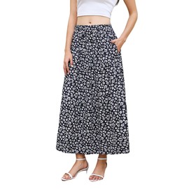 Zeagoo Long Women's Elegant Maxi Skirt with Pockets, Elastic High Waist Summer Skirt, Casual Flowy Beach Skirt, A-Line Maxi Skirt, S-XXL, White Black Flowers