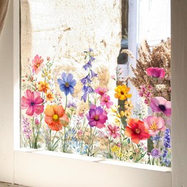 NXUEBDU Static Cling Flower Window Decals, Double-Sided Floral Clings, Removable Wildflower Glass Window Stickers for Living Room, Bedroom, Bathroom & Nursery Decor (A)